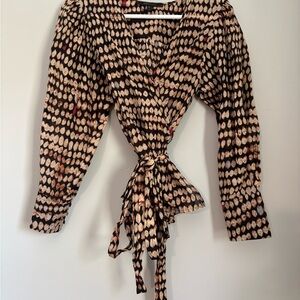 BCBGMaxAzria Black and Brown Patterned Wrap Blouse